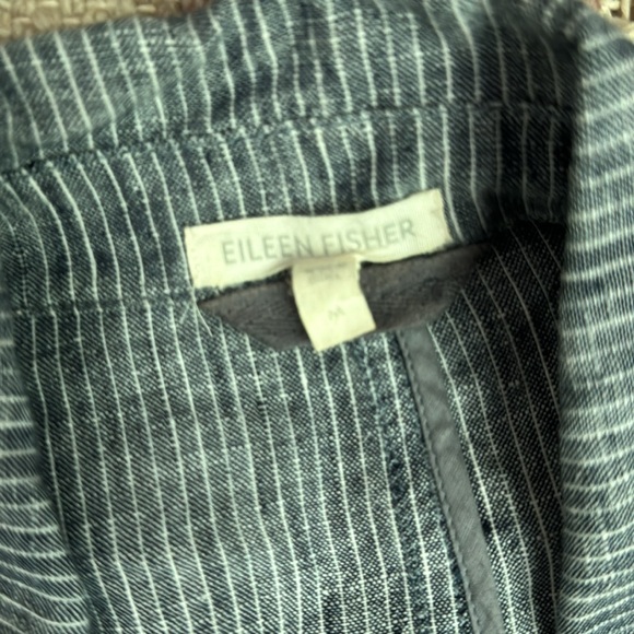 Eileen Fisher Blazer 100% Linen Railroad Stripe Navy White Pockets 2 Button Sz M - Picture 2 of 3